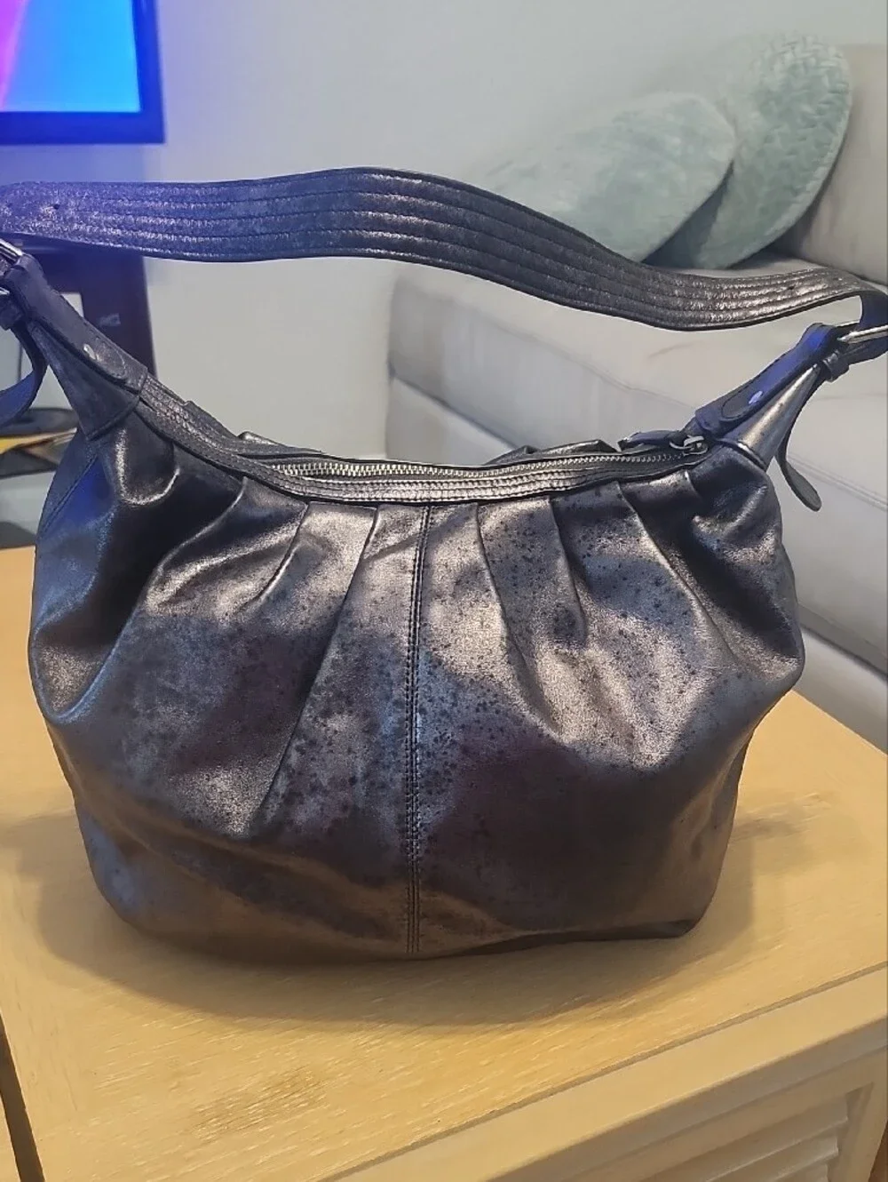 Calvin Klein Black Metallic Gathered Leather Hobo Wristlet